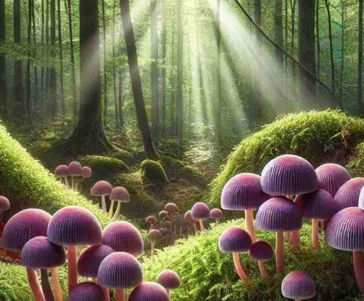 A beautiful family of mushrooms growing together in the middle of the forest floor.