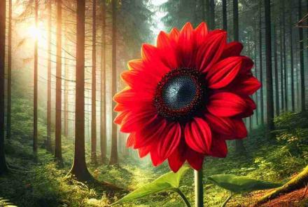 A brilliant red sunflower blooming amidst green foliage, standing tall under the warm sunlight.